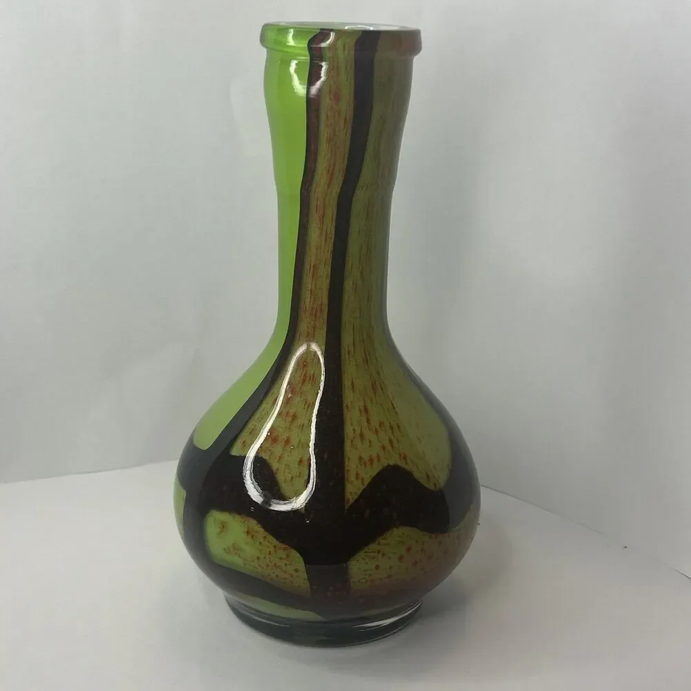 MCM Vtg Green Red Hand Blown Murano Vase 11 Inches